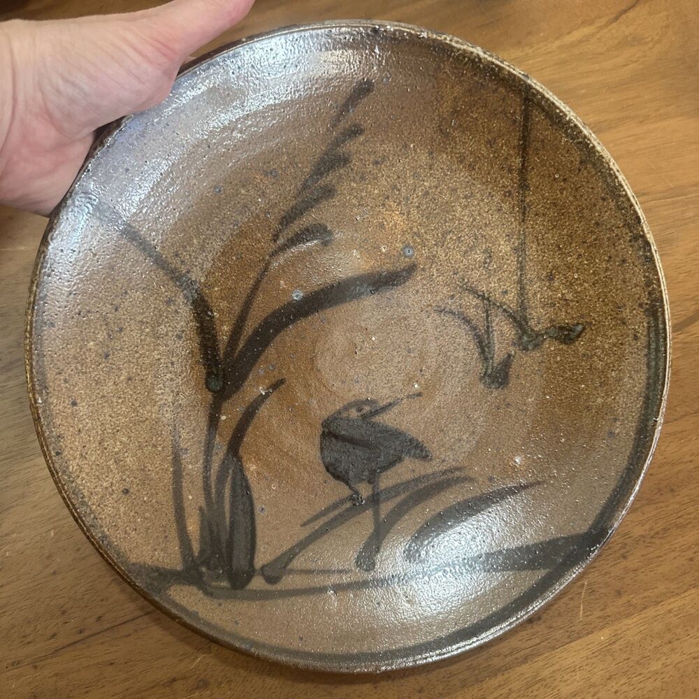 Brown and Black Pottery Plate Stoneware Coastal Bird 10.5"